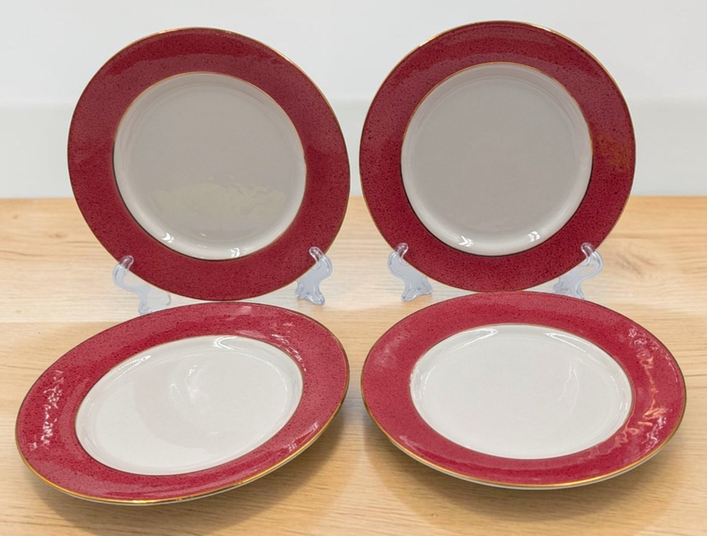 Nikko Riviera Red Salad Plates 7 3/8" Ironstone Japan Gold Trim Set of 4